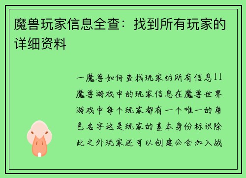 魔兽玩家信息全查：找到所有玩家的详细资料